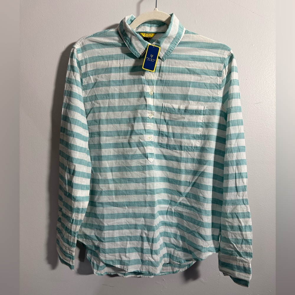 NWT Prince & Fox Women’s M Teal And White Cotton Linen Feel Shirt | SKU 0103